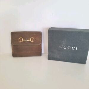 GUCCI Horsebit Suede Leather Wallet Card Compact Bifold Brown Medium Box